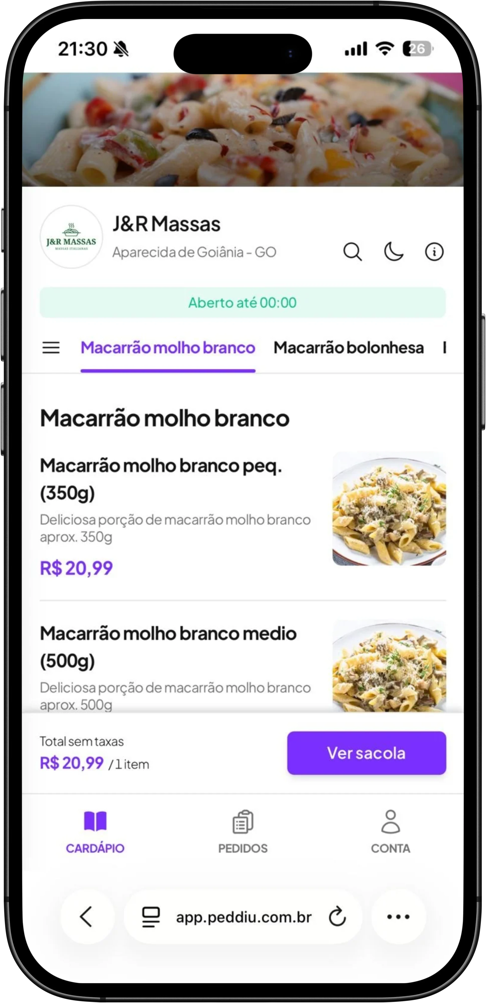 Mockup do cardápio digital da Peddiu